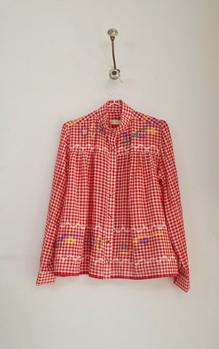 RED CHECK HIGH COLLAR TOP