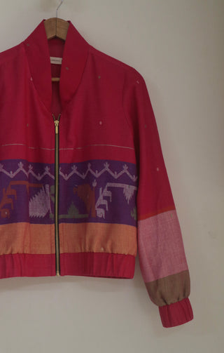 Pink Ember bomber jacket in handwoven Jamdani - Indigo Dreams, view 5