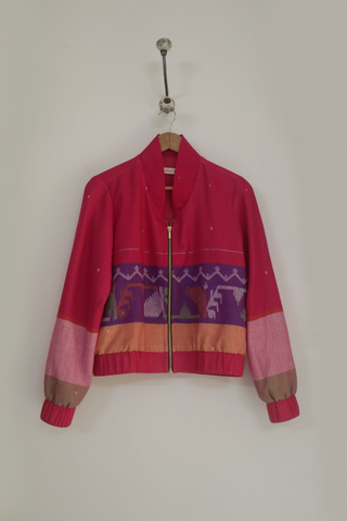 Pink Ember bomber jacket in handwoven Jamdani - Indigo Dreams