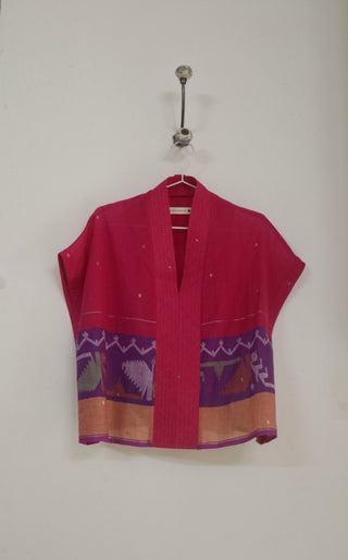 Pink Ember boxy kimono top in handwoven Jamdani - Indigo Dreams, view 2