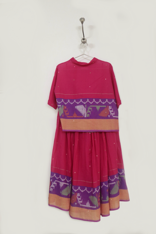 Pink Ember skirt and top co-ord set in handwoven Jamdani - Indigo Dreams