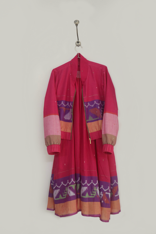Pink Ember halter dress and bomber jacket set in handwoven Jamdani - Indigo Dreams