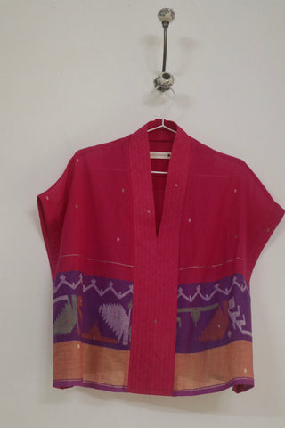 Pink Ember boxy kimono top in handwoven Jamdani - Indigo Dreams