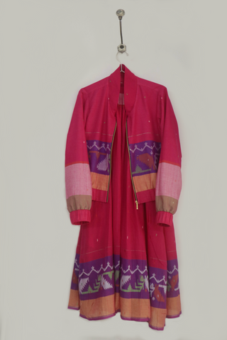 Pink Ember halter dress and bomber jacket set in handwoven Jamdani - Indigo Dreams, view 2