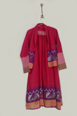 Pink Ember halter dress and jacket set in handwoven Jamdani - Indigo Dreams