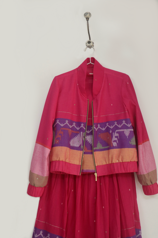 Pink Ember bomber jacket in handwoven Jamdani - Indigo Dreams, view 3