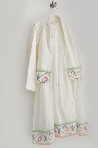 Tamara handwoven Jamdani dress and jacket on hanger, close-up of fabric texture