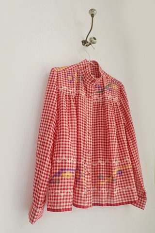 RED CHECK HIGH COLLAR TOP