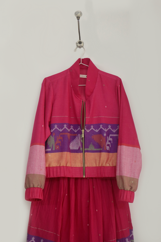Pink Ember halter dress and bomber jacket set in handwoven Jamdani - Indigo Dreams, view 5