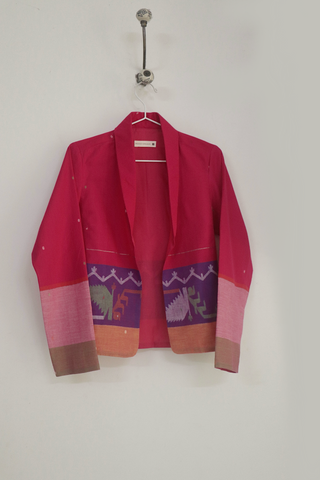Pink Ember shawl-collar jacket in handwoven Jamdani - Indigo Dreams