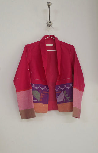 Pink Ember halter dress and jacket set in handwoven Jamdani - Indigo Dreams, view 5