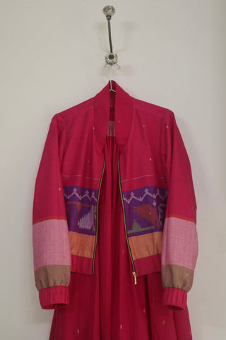 Pink Ember bomber jacket in handwoven Jamdani - Indigo Dreams, view 4
