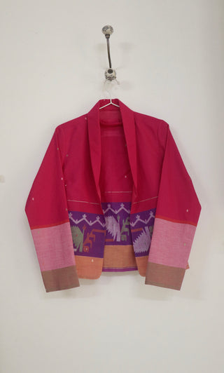 Pink Ember shawl-collar jacket in handwoven Jamdani - Indigo Dreams, view 3