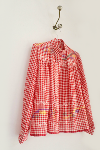 RED CHECK HIGH COLLAR TOP