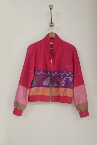 Pink Ember bomber jacket in handwoven Jamdani - Indigo Dreams, view 2